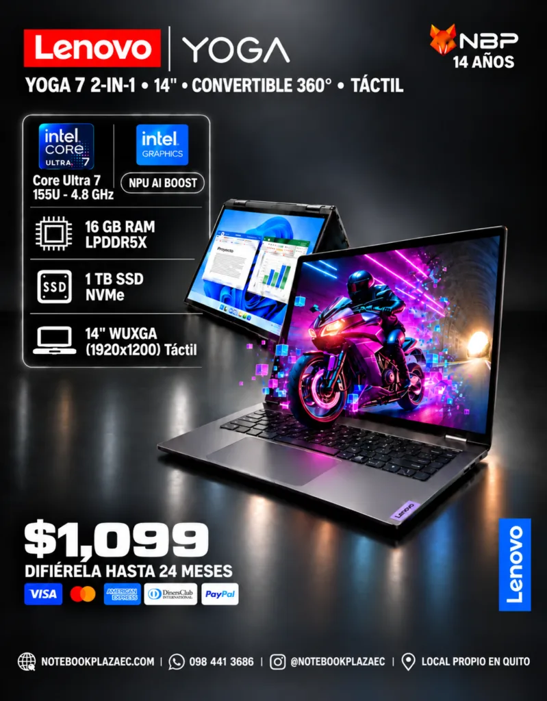 Laptop Lenovo Yoga 7 2-en-1 14IML9 – Core Ultra 7 155U, Intel Graphics, 16GB RAM, 1TB SSD, 14" WUXGA Táctil