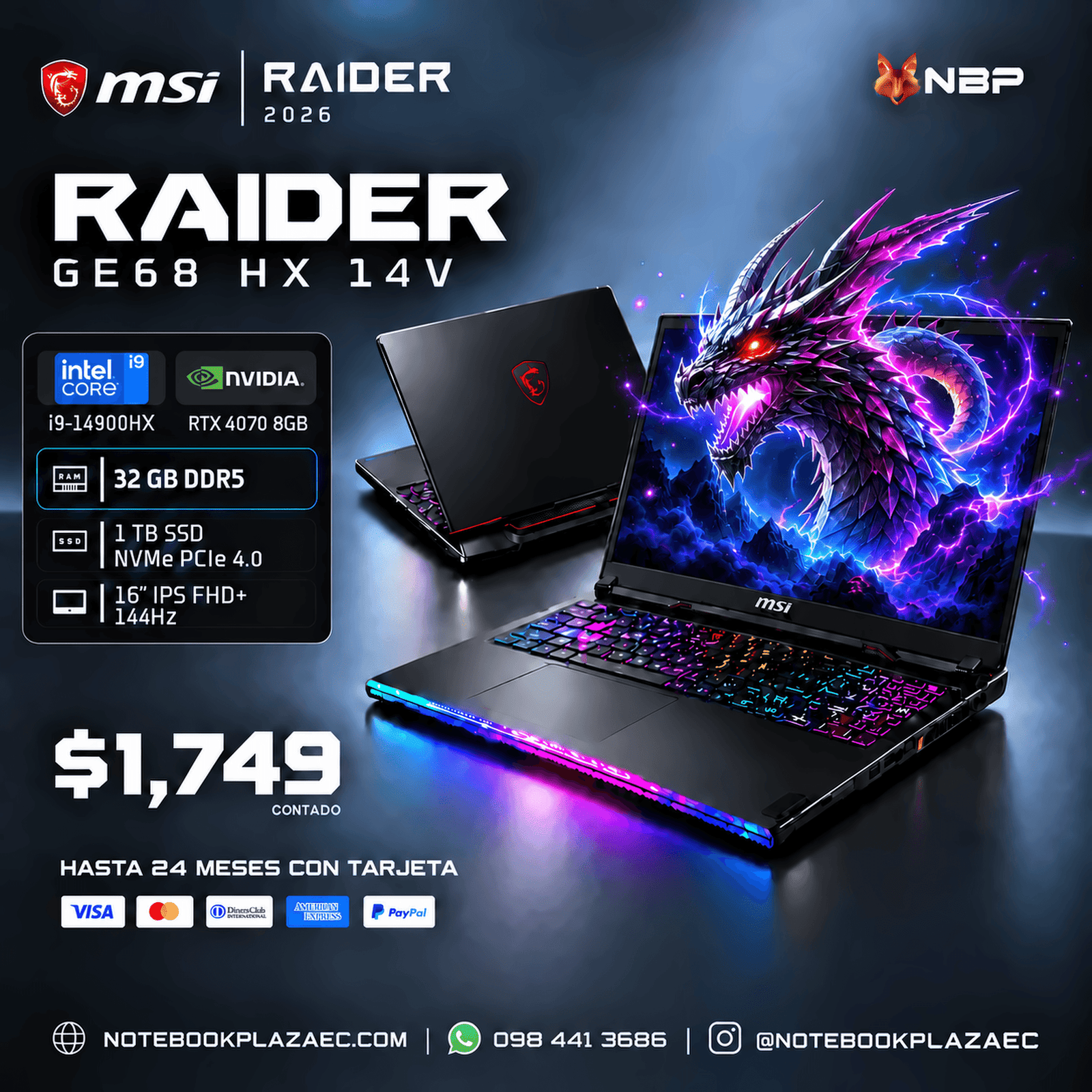 Laptop MSI Raider GE68HX 14V – Core i9 14900HX, RTX 4070 8GB, 32GB RAM, 1TB SSD, 16″ 144Hz