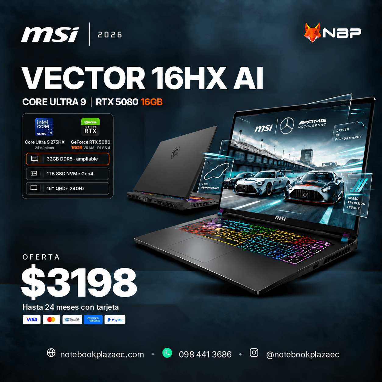 Laptop MSI Vector 16HX AI – Core Ultra 9 275HX, RTX 5080 16GB, 32GB RAM, 1TB SSD, 16″ QHD+ 240Hz