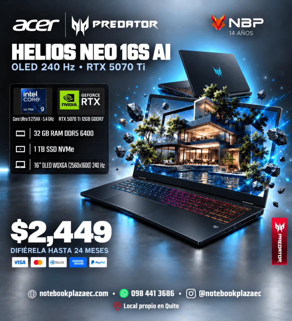 Laptop Acer Predator Helios Neo 16S AI – Core Ultra 9 275HX, RTX 5070 Ti 12GB, 32GB RAM, 1TB SSD, 16" OLED 240Hz