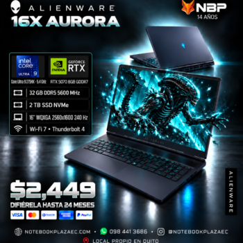 Laptop Alienware 16X Aurora AC16251 – Core Ultra 9 275HX, RTX 5070 8GB, 32GB RAM, 2TB SSD, 16″ WQXGA 240Hz