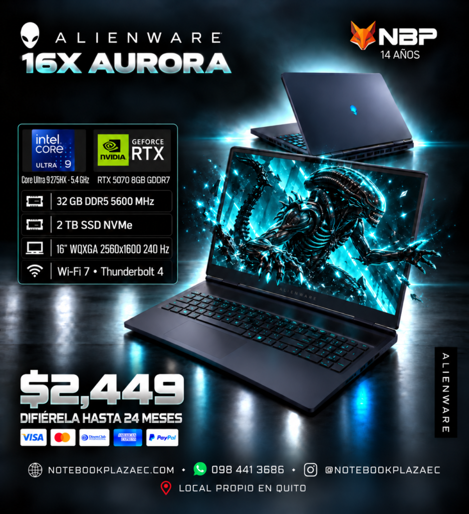 Laptop Alienware 16X Aurora AC16251 – Core Ultra 9 275HX, RTX 5070 8GB, 32GB RAM, 2TB SSD, 16″ WQXGA 240Hz