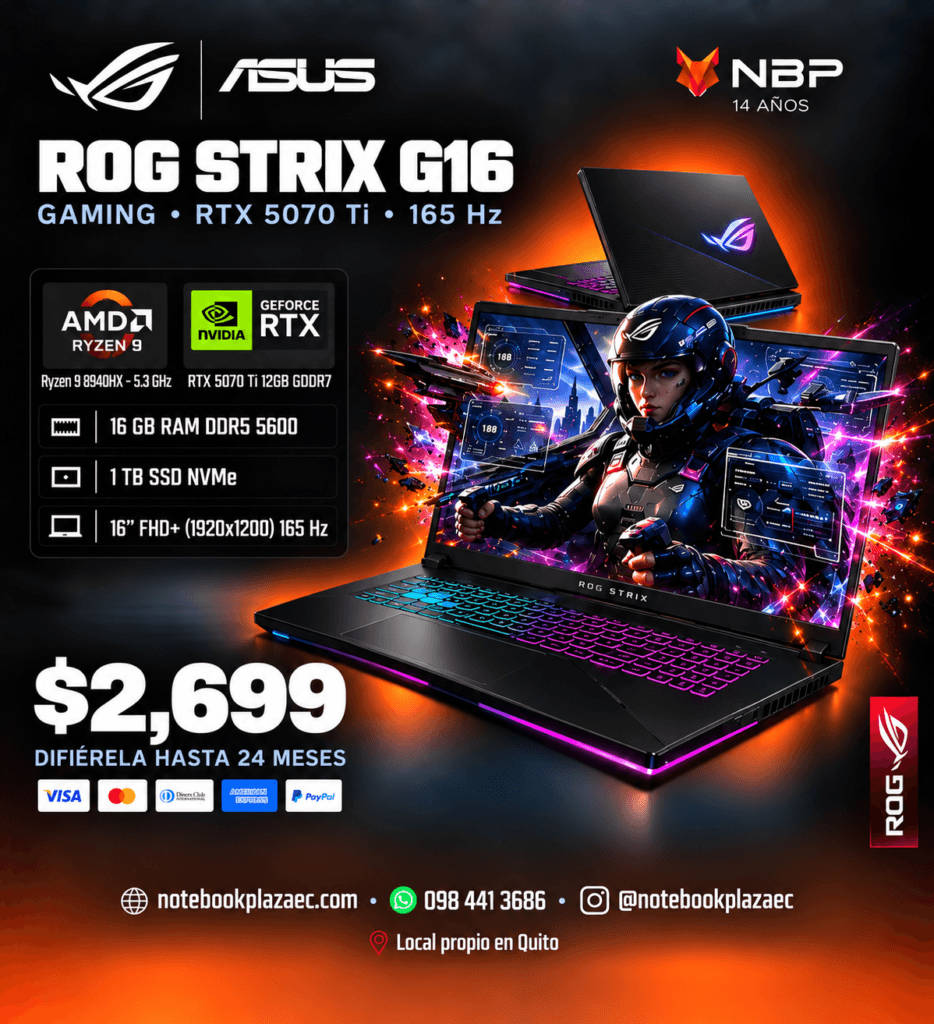 Laptop Asus ROG Strix G16 G614PR – Ryzen 9 8940HX, RTX 5070 Ti 12GB, 16GB RAM, 1TB SSD, 16" 165Hz
