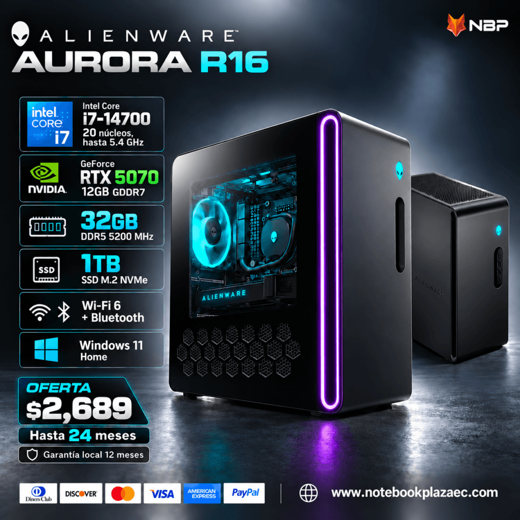 PC Escritorio Alienware Aurora R16 – Core i7-14700, RTX 5070 12GB, 32GB RAM, 1TB SSD