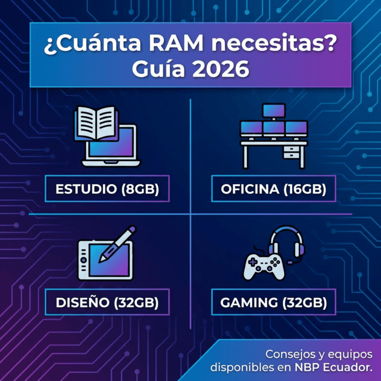 Guía 2026 sobre cuánta RAM necesitas según tu uso: estudio 8GB, oficina 16GB, diseño 32GB, gaming 32GB - NBP Ecuador