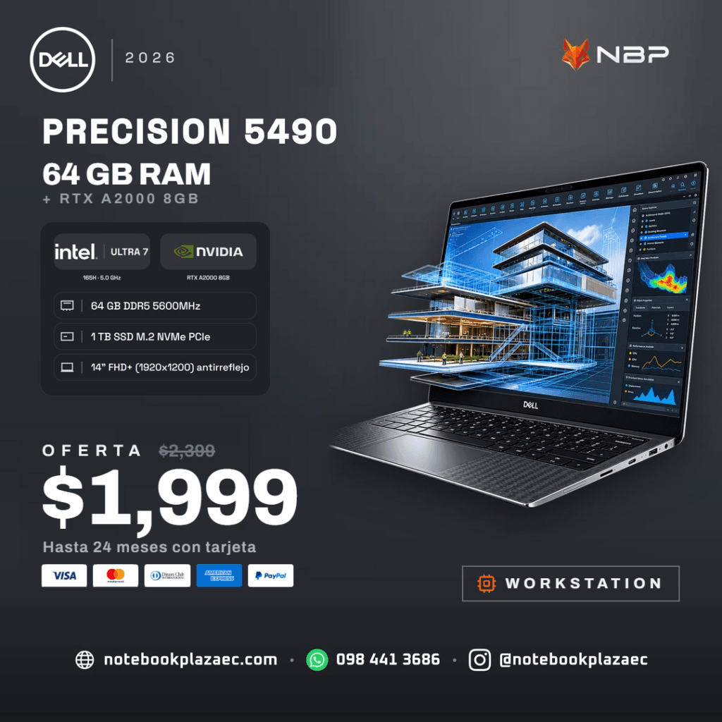 Laptop Dell Precision 5490 – Core Ultra 7 165H, RTX A2000 Ada 8GB, 64GB RAM, 1TB SSD, 14″ FHD+ - Win 11 Pro