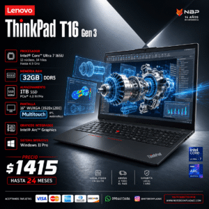Laptop Lenovo ThinkPad T16 Gen 3 – Core Ultra 7 165U, 32GB RAM, 1TB SSD, 16" WUXGA Táctil