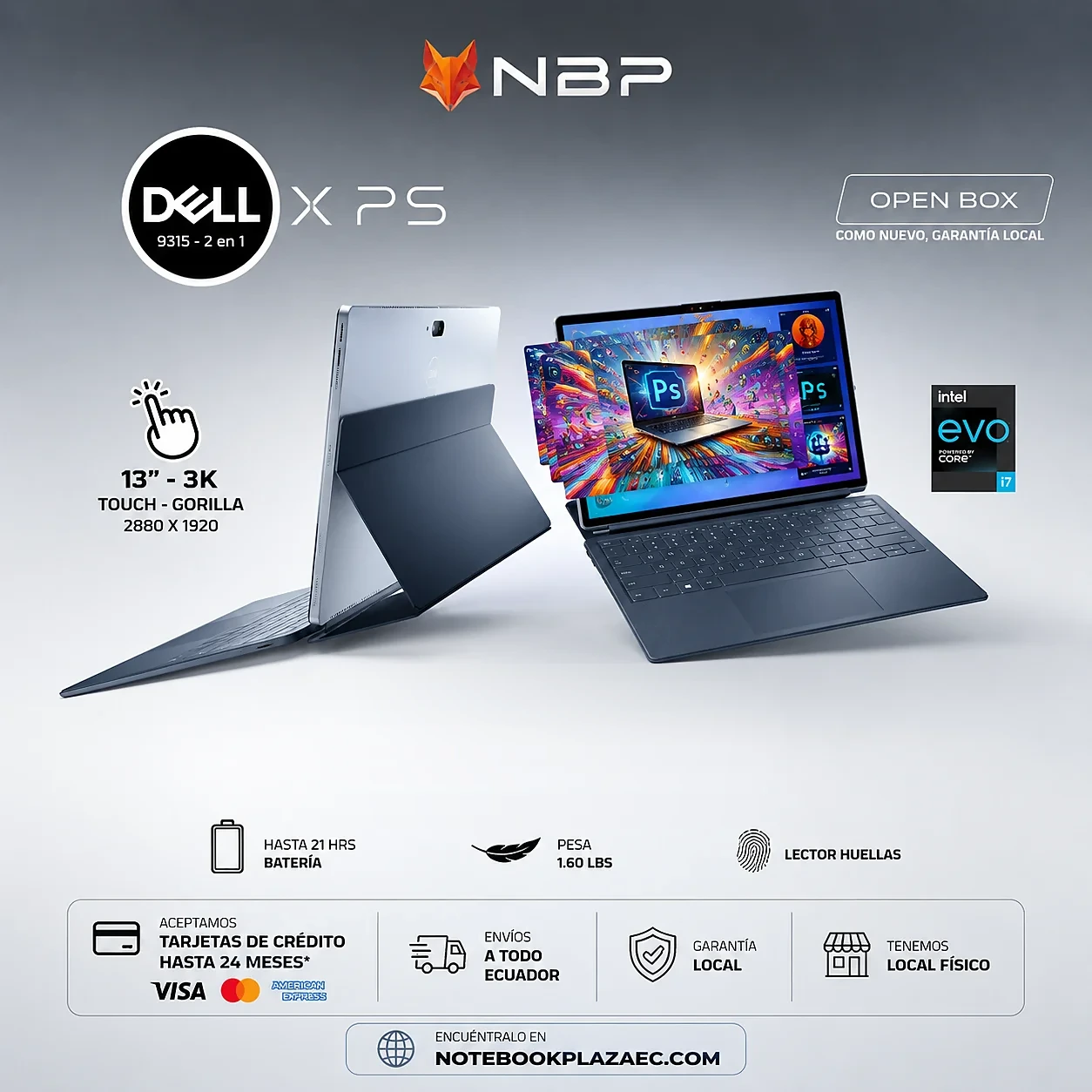 Laptop Dell XPS 13 9315 2 en 1 – Core i7 1250U, 16GB RAM, 512GB SSD, 13.3″ 3K Táctil (Open Box)
