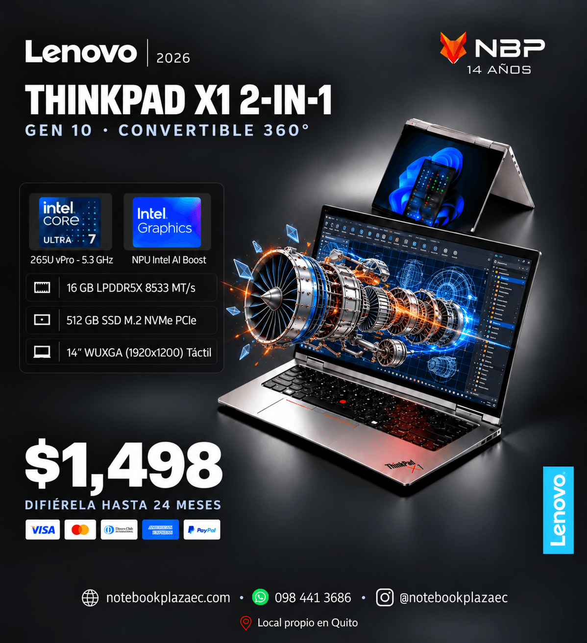Laptop Lenovo ThinkPad X1 2-in-1 Gen 10 – Core Ultra 7 265U, Intel Graphics, 16GB RAM, 512GB SSD, 14″ WUXGA Táctil