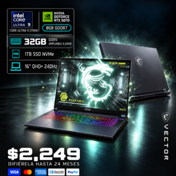 Laptop MSI Vector 16 HX AI A2XWGG – Core Ultra 9 275HX, RTX 5070 8GB, 32GB RAM, 1TB SSD, 16″ QHD+ 240Hz