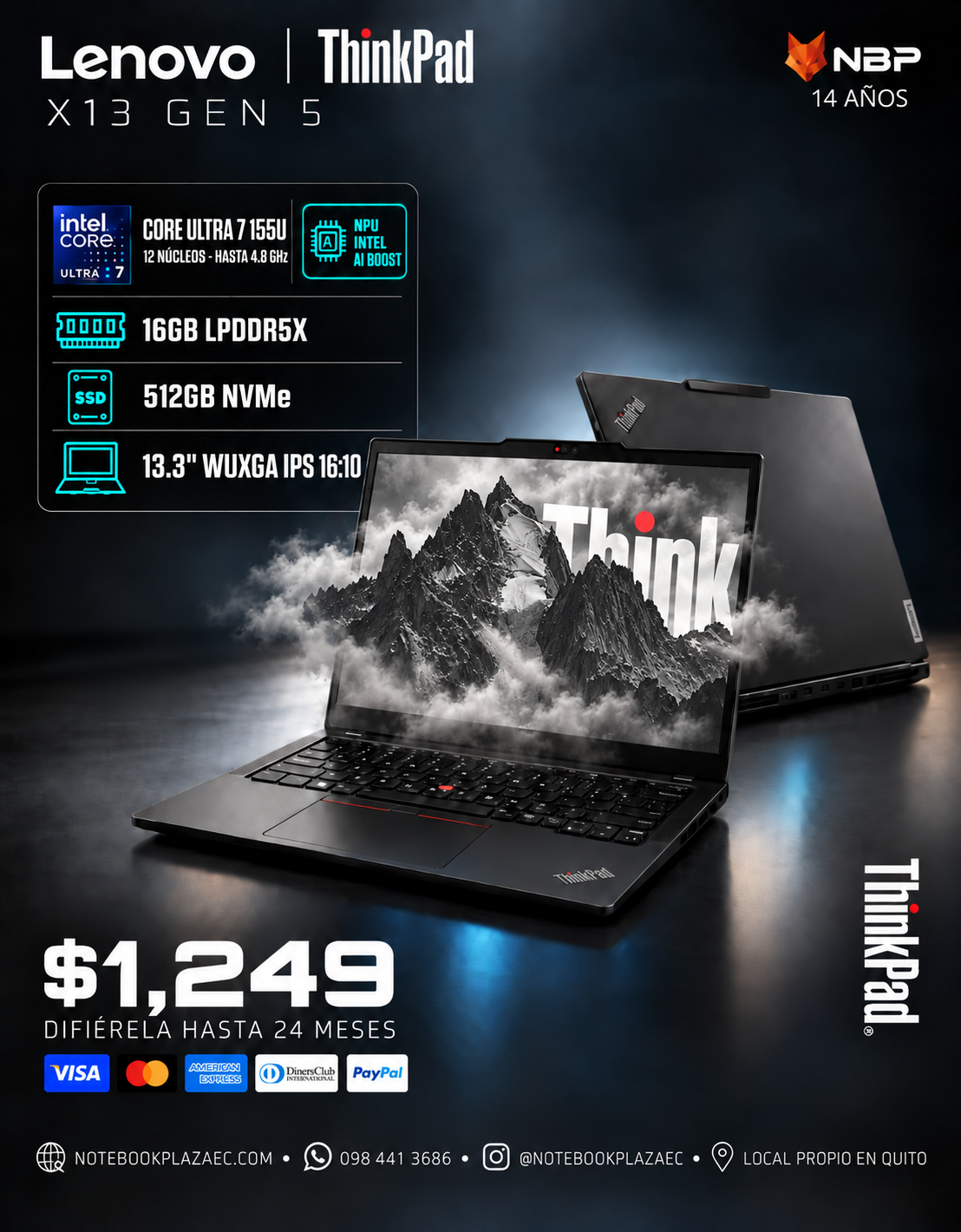 Laptop Lenovo ThinkPad X13 Gen 5 – Core Ultra 7 155U, 16GB RAM, 512GB SSD, 13.3″ WUXGA