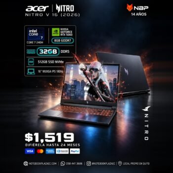 Laptop Acer Nitro V 16 ANV16-72 – Core 7 240H, RTX 5060 8GB, 32GB RAM, 512GB SSD, 16″ WUXGA 180Hz