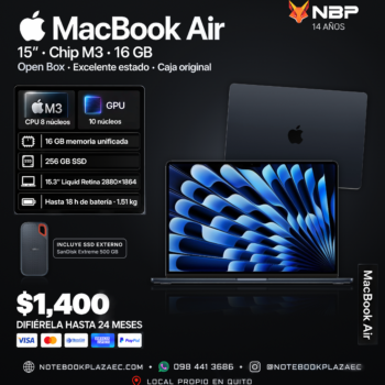 Laptop Apple MacBook Air 15 M3 2024 – 16GB RAM, 256GB SSD, 15.3″ Liquid Retina (Open Box)